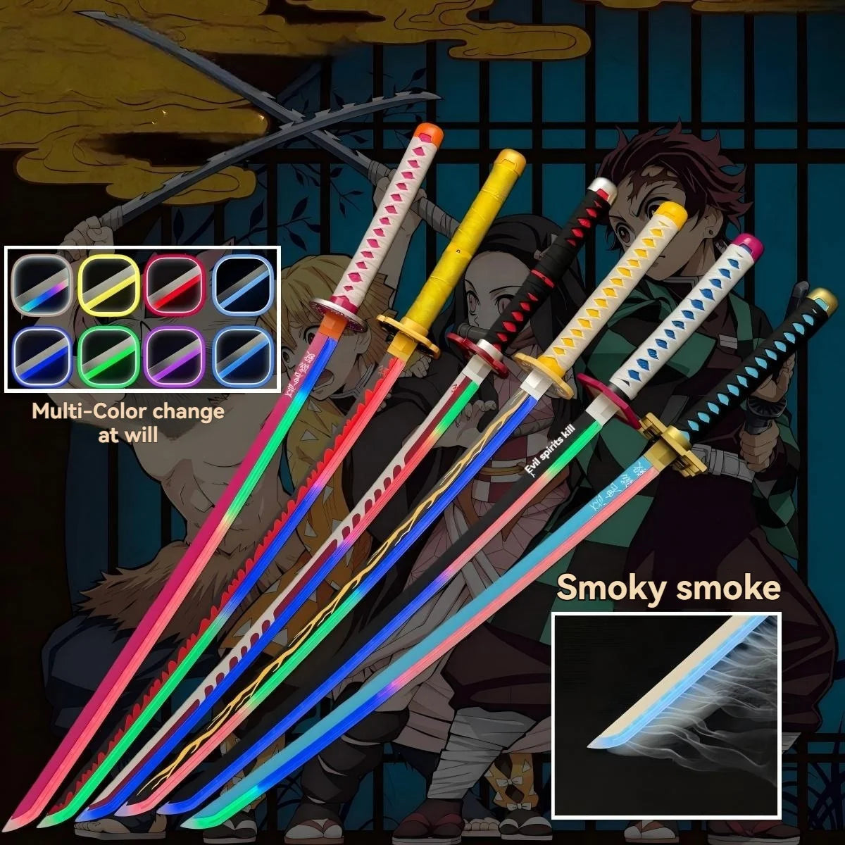 New Arrival Hot Sale 104CM Wooden Demon Slayer Spray LED Luminous Knife Multiple Colors Japanese Samurai Bamboo Toy Swords